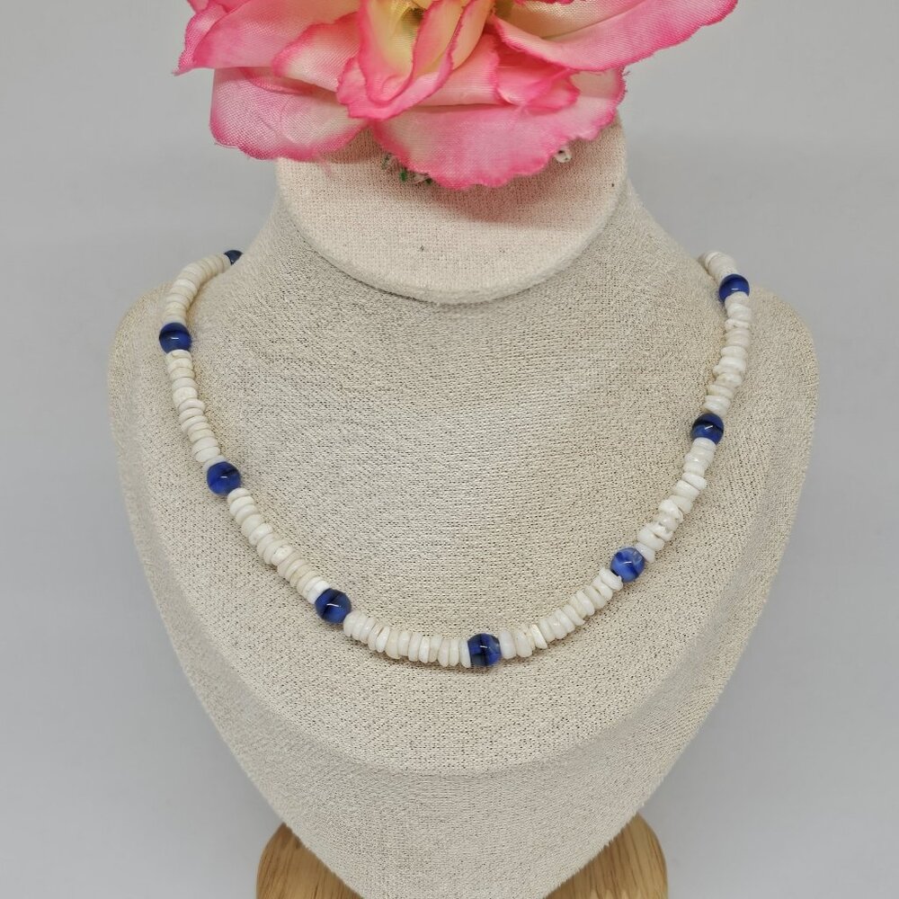 Real White Puka Shell Blue Glass Bead Necklace Surfer Choker 18" Surf Boho